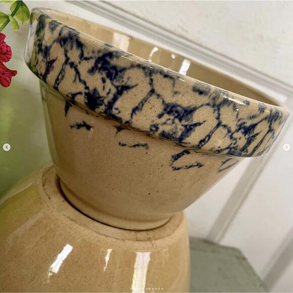 Vintage Blue Spongeware Robinson Ransbottom Roseville Ohio Spatter Bowls PAIR - Picture 2 of 10